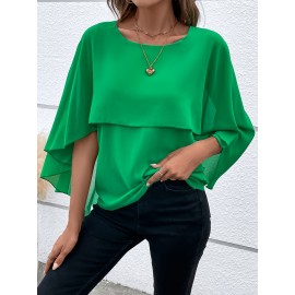 Solid Layered Cloak Sleeve Blouse, Versatile Crew Neck Blouse For Spring & Fall, Women's Clothing