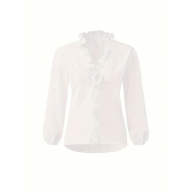 Ruffled Trim V Neck Shirt, Elegant Loose Long Sleeve Shirt, Women's Clothing