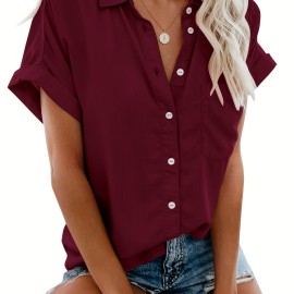 V Neck Collared Button Blouses, Casual Pocket Short Sleeve Fashion Loose Shirt, Women's Clothing