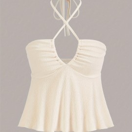 Cross Front Ruched Halter Top, Casual Tie Back Summer Sleeveless Top, Women's Clothing