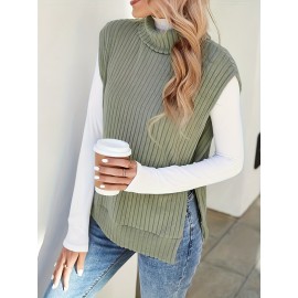 Solid Turtle Neck Rib Knit Vest, Casual Split Side Sleeveless Top, Women's Clothing