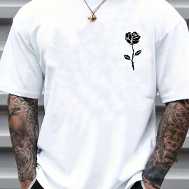 Rose Print, Men's Graphic Design Crew Neck Active T-shirt, Casual Comfy Tees Tshirts For Summer, Men's Clothing Tops For Daily Gym Workout Running