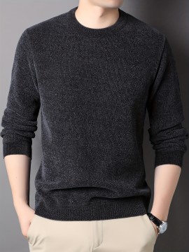 Men's Stylish Solid Knitted Pullover, Casual High Stretch Breathable Long Sleeve Crew Neck Top For City Walk Street Hanging Outdoor Activities