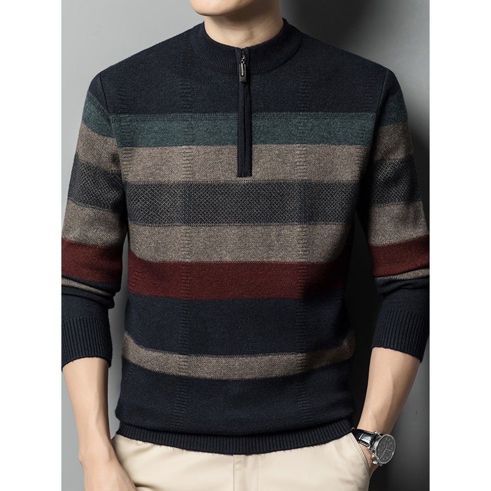 All Match Knitted Striped Sweater, Men's Casual Warm High Stretch Half Zipper Pullover Sweater For Men Fall Winter