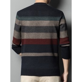 All Match Knitted Striped Sweater, Men's Casual Warm High Stretch Half Zipper Pullover Sweater For Men Fall Winter