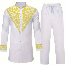 Men's African Dashiki Shirt Metallic Floral Printed Slim Fit Long Sleeve Hoodies Shirts