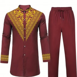 Men's African Dashiki Shirt Metallic Floral Printed Slim Fit Long Sleeve Hoodies Shirts