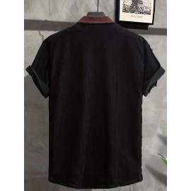 Men's Trendy Splicing Casual Short Sleeve Shirt With Chest Pocket, Men's Shirt For Summer Vacation Resort, Tops For Men, Gift For Men