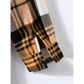 Stylish Collage Chest Pocket Plaid Pattern Casual Long Sleeve Button Up Shirt, Men's Clothes For Spring Summer Fall Outdoor