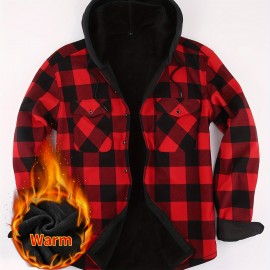 Plaid Pattern Men's Casual Thick Long Sleeve Hooded Shirt With Pockets, Men's Button Up Shirt For Fall Winter